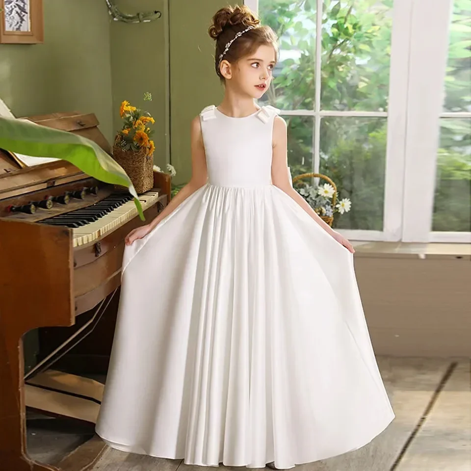 

Girls round neck Satin long Junior Bridesmaid Dress Communion Dress Girls Pageant Birthday New Year dress/can be customized