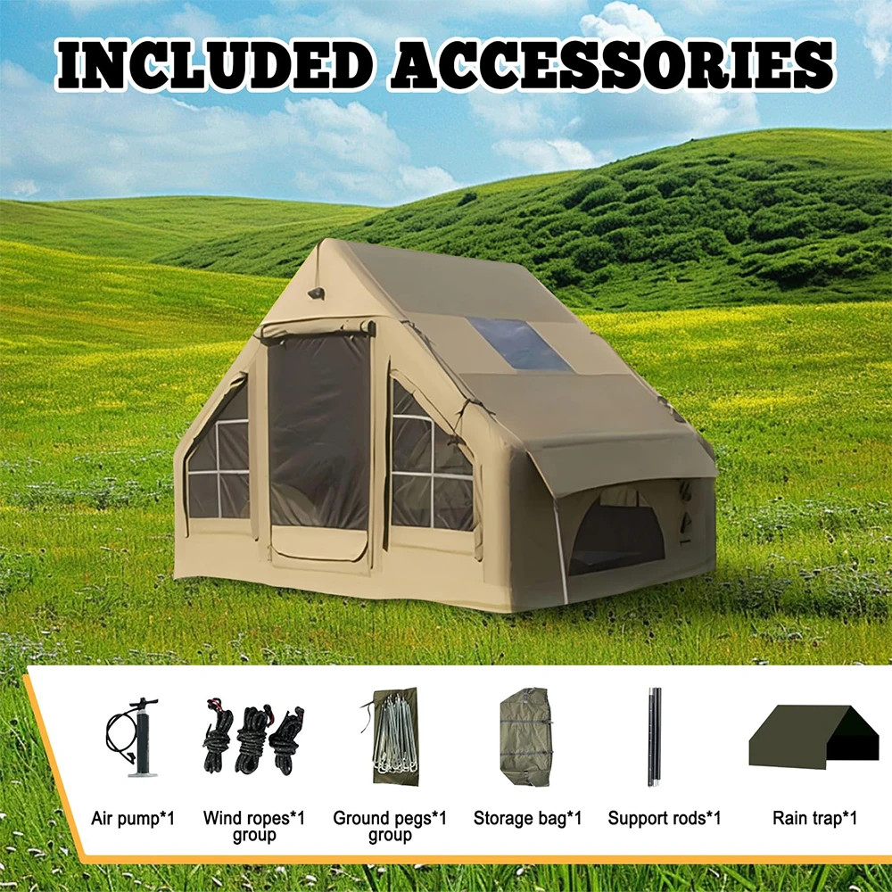 Inflatable Glamping Tent 2-10 Person 4-Season with Stove Jack Waterproof Oxford Fabric Luxury Tent with Carry Bag
