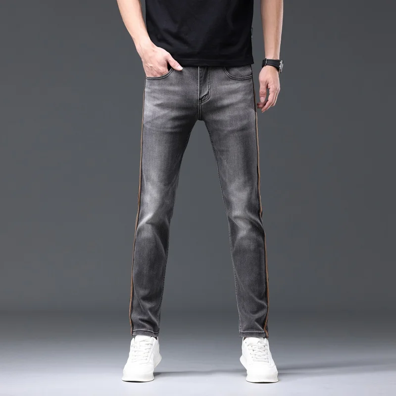 

Sports Line Design Gray Jeans Men's Stylish Simple and Versatile Street Straight Slim Fit Stretch Feet Pants