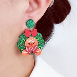 KUGUYS Cute Gingerbread Man Christmas Earrings for Women Garland Acrylic Jewelry Accessories