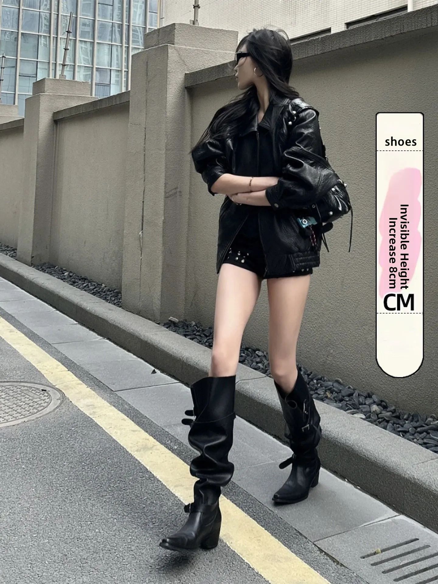 Pointed Toe Long Boots Women's Autumn Thick Heel Wrinkle Pile Boots Genuine Leather Heightening Long Boots Black Western Knig...