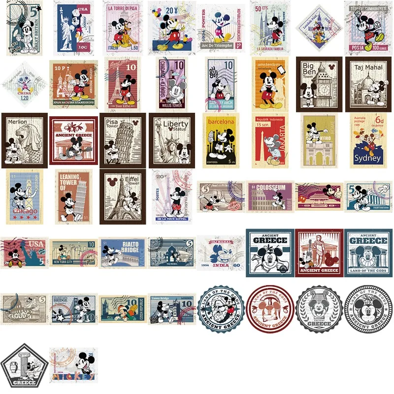 50Pcs Disney Cute Cartoon Retro Mickey Stamp Graffiti Stickers, DIY Decorative Stickers for Phone Case Scrapbook Vintage Custom
