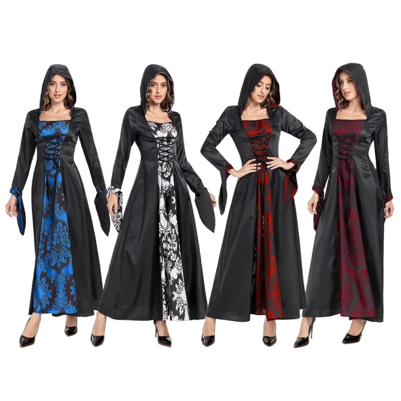 HN8 Renaissance Vampire Wizard Witch Cosplay Costume Long Sleeves Tie Waist Hooded Print Dress Vintage Medieval Palace Costu8…Gf