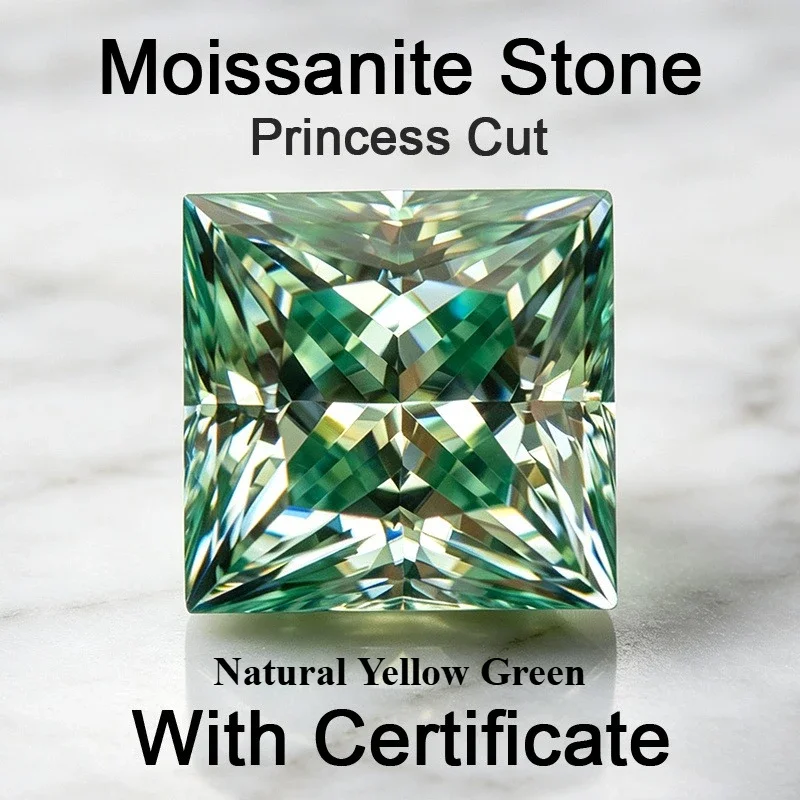 Moissanite Stone Princess Cut Natural Yellow Green Gemstone for DIY Charms Jewelry Making Pass Diamond Test with Certificate