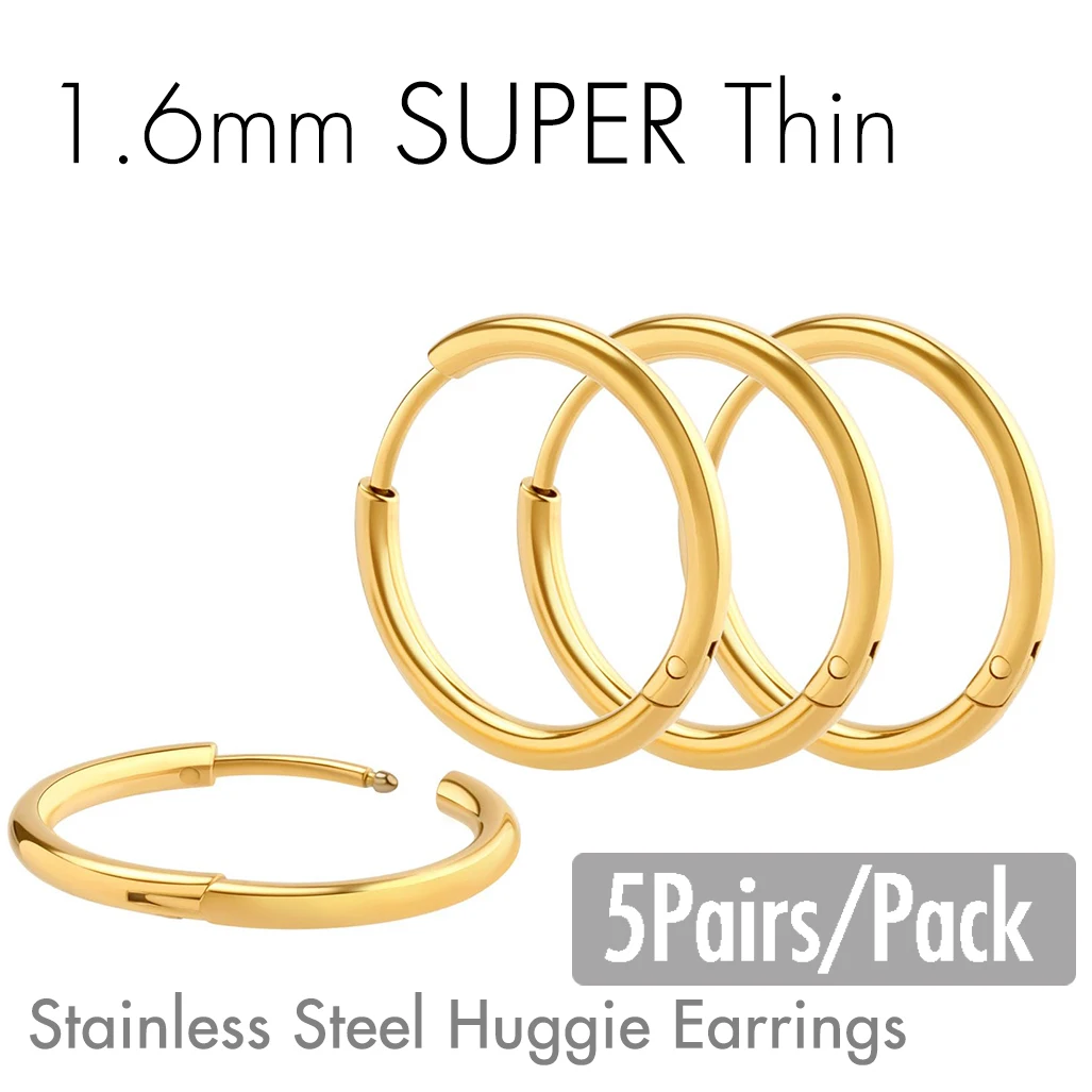 5Pairs/pack Stainless Steel Small Huggie Earrings For Women Men Ear Helix Tragus Cartilage Piercing Jewelry 6/8/10/12/14mm