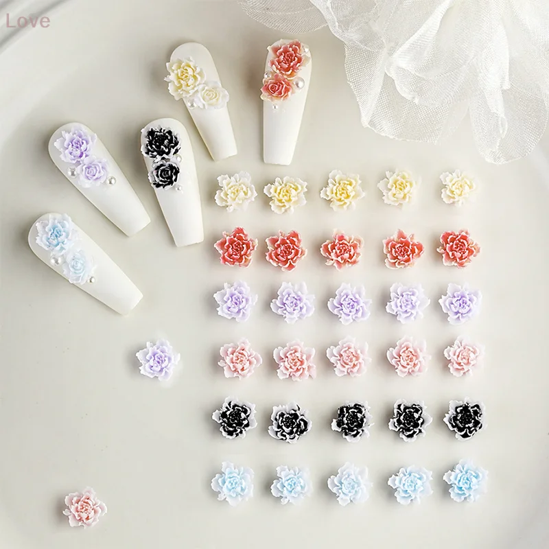 [L & P] 10 قطعة ملحقات الأظافر المتدرجة الراتنج ثنائي اللون مضيئة الفاوانيا زهرة نحت الورد يرتدي مسمار الديكور