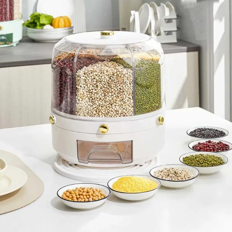 

New 360Degree Rotating Rice Dispenser Sealed Dry Cereal Grain Bucket Dispenser Moisture-proof Kitchen Food Container Storage Box