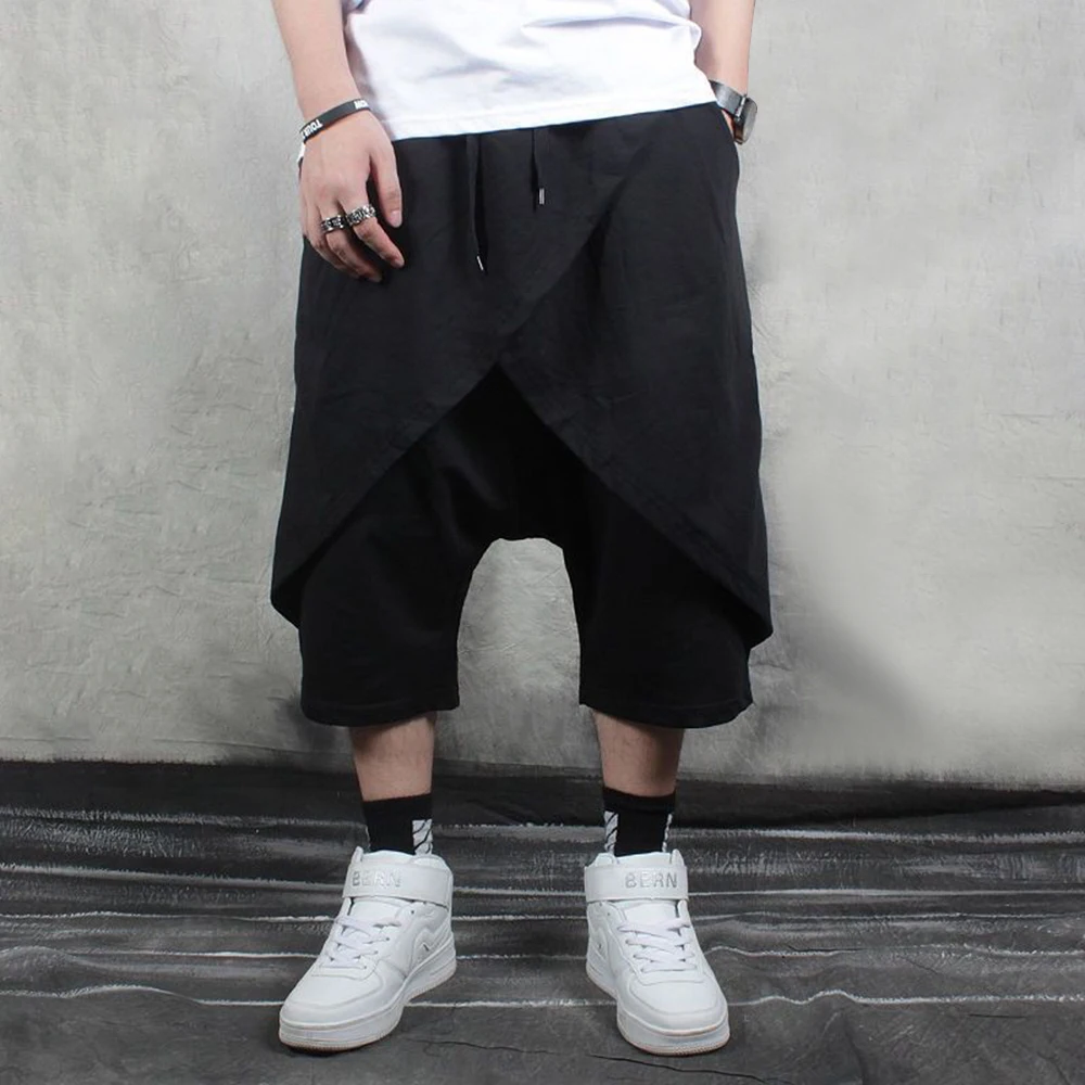 

Mens Double-Layer Irregular Cropped Pants 2024 New Genderless Fashion Dark Style Retro Solid Color Loose Wide-Leg Pants Unisex