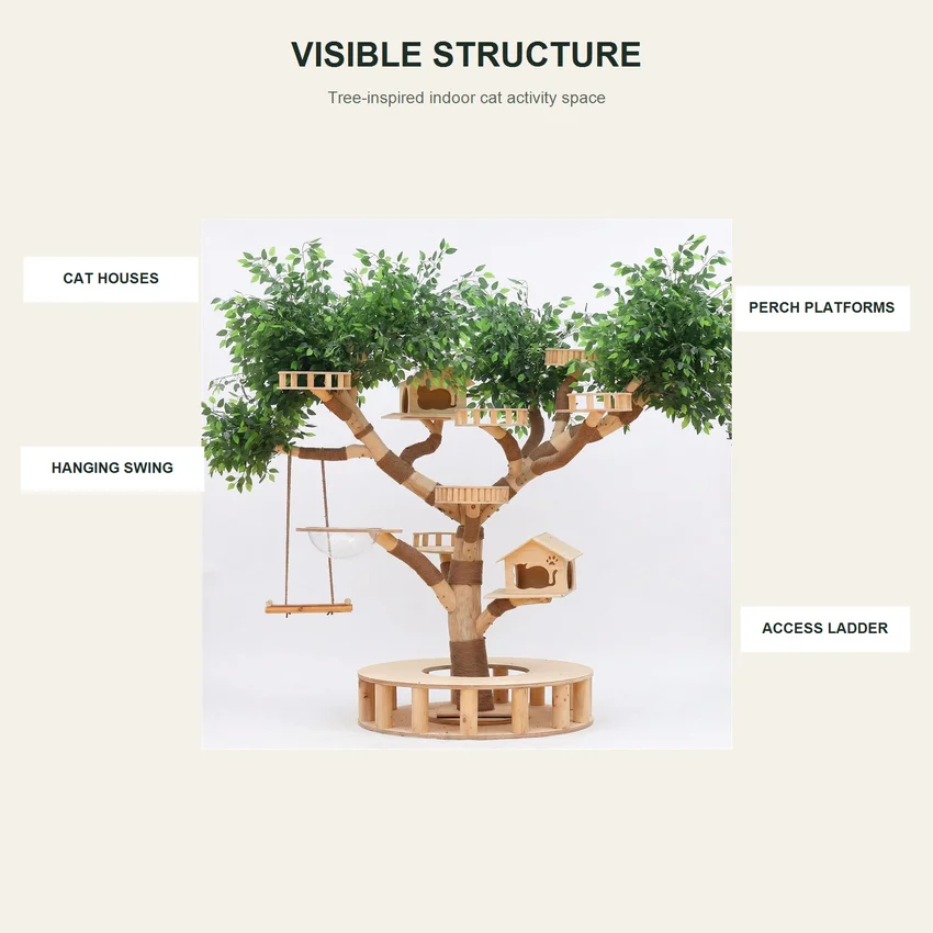 Solid Wood Cat Tree Large 2.5m Artificial Foliage Tree House Multi Layer Cat Climbing Frame Condo Swing Privacy Indoor Wholesale