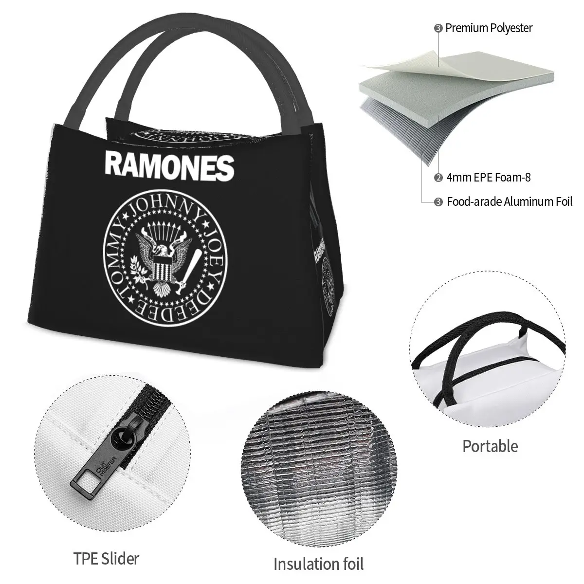 O Ramone Merch Lunch Bags Isolado Bento Box, Tote de almoço portátil Sacos de piquenique à prova de vazamento, Saco térmico para mulher, crianças, escritório