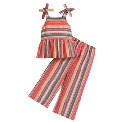 Spring and Summer New Girl Stripe Bow Sleeveless Thin Set Sports Fashion Show Color Block Two Piece Set for 2 3 4 5 6 7 Years