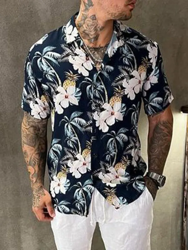 Fashion Casual Lapel Top Short Sleeved Men's Clothing 2024 Summer New Hawaii Vacation Style Shirt Cardigan T-Shirt MB1