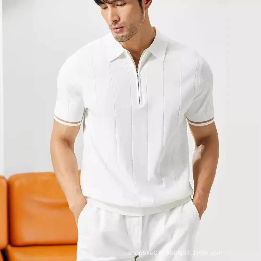 Summer Ice Silk Breathable Half-Zip Lapel Short Sleeve Knit Polo Shirt Men's Premium Casual Top