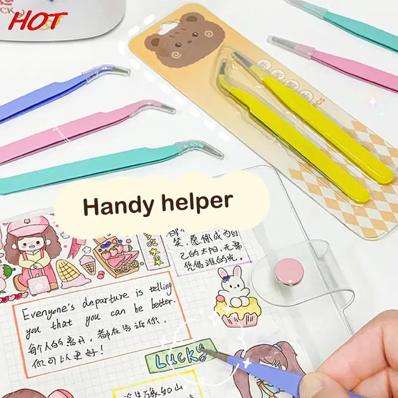2Pcs New Candy Color Straight Curved Tweezers Tool For Journal DIY Scrapbooking Paper Tape Stickers Multi-Function Tool Tweezer