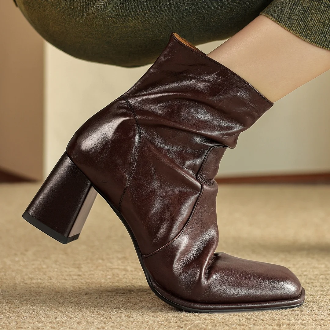 

Large size 34-42 women's cow leather side zip autumn ankle boots 6cm thick med heel elegant ladies short booties shoes for woman