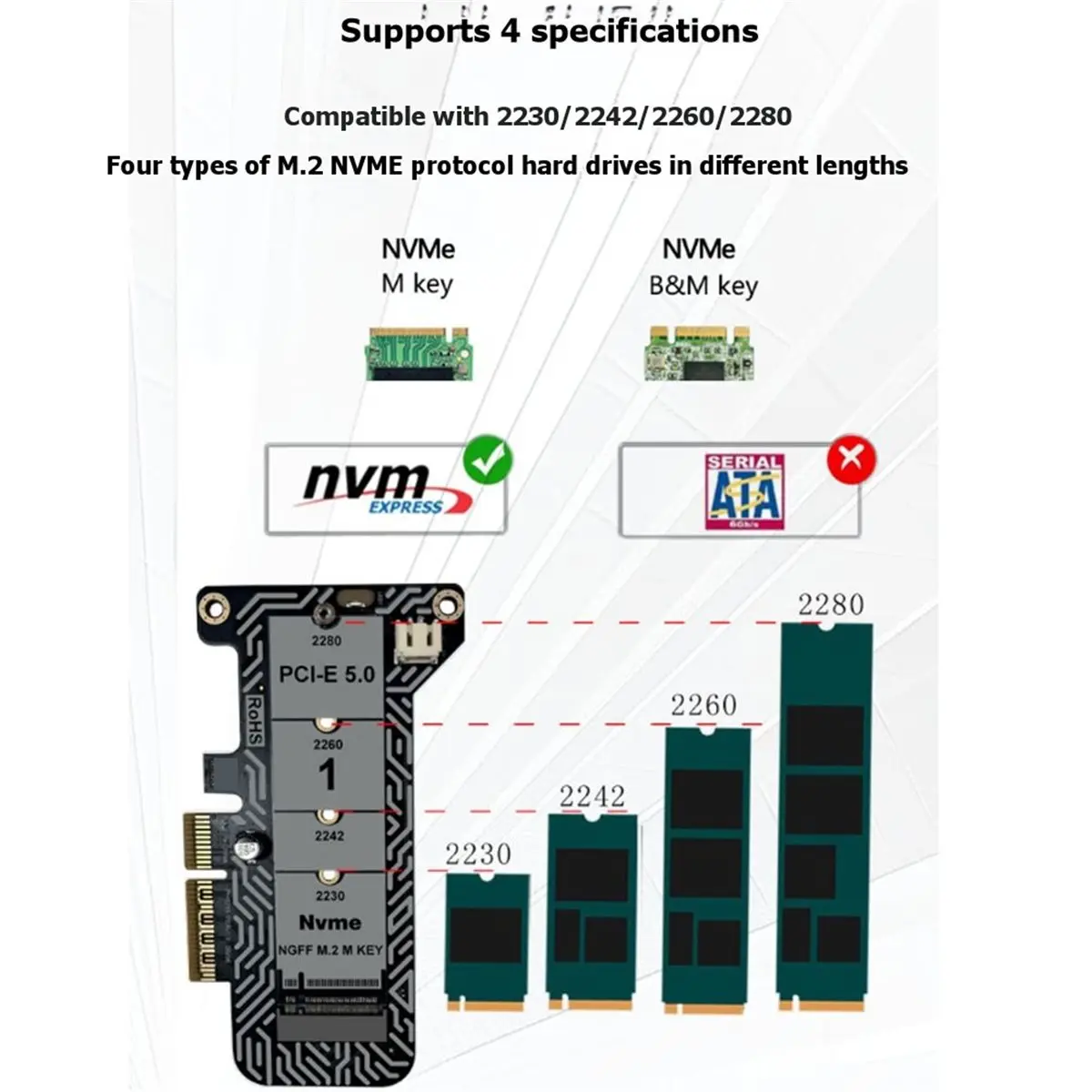 M.2 NVMe SSD to PCIe X4 Adapter Expansion Card PH4215 Full Height Supports PCIe 5.0 for 2230/2242/2260/2280 SSDs