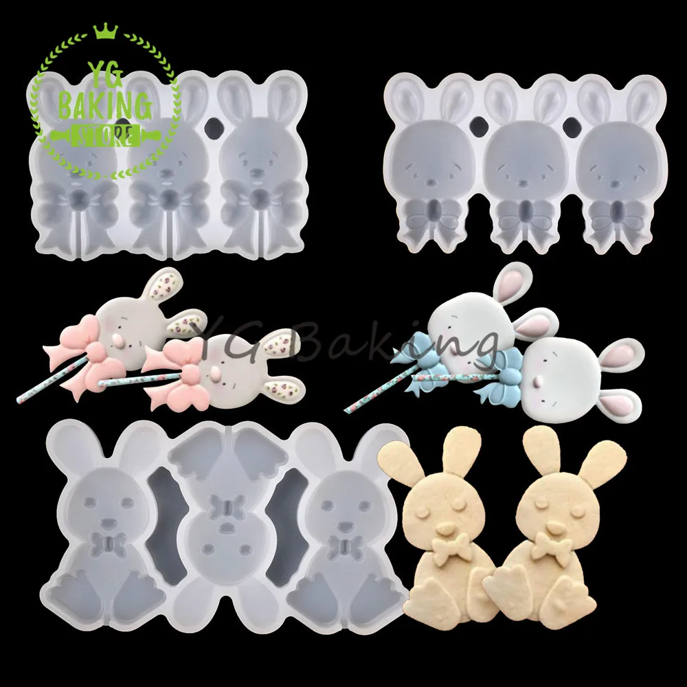 Dorica 3 Styles Easter Bow Bunnies Design Epoxy Resin Silicone Mold Rabbit Lollipop Mould Fondant Cake Decorating Tools Bakeware