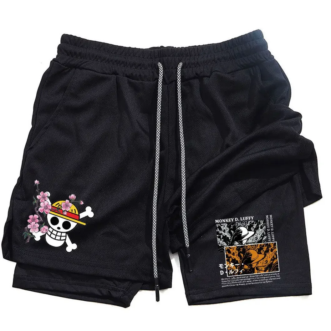 ONE PIECE Anime-bedruckte Sportshorts, Sommer, neuer Stil, Unisex, Y2K, Fitness, Schwimmen, schnell trocknend, atmungsaktiv, 2-in-1-Shorts