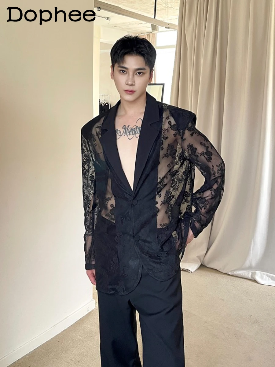 

2024 Summer New Thin Handsome See-through Jacquard Suit Jackets Men's High-End Design Trendy Embroidery Sexy Sun Protection Top