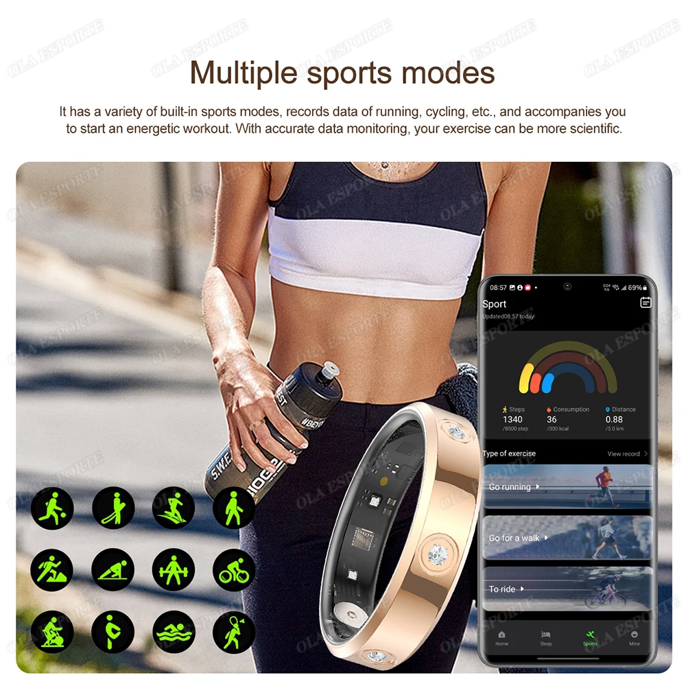 Ola Esporte Diamond Luxury Smart Ring Health Monitor Ip68 Waterproof Health Couple SmartRing Gift Sport Data Analysis BT Control