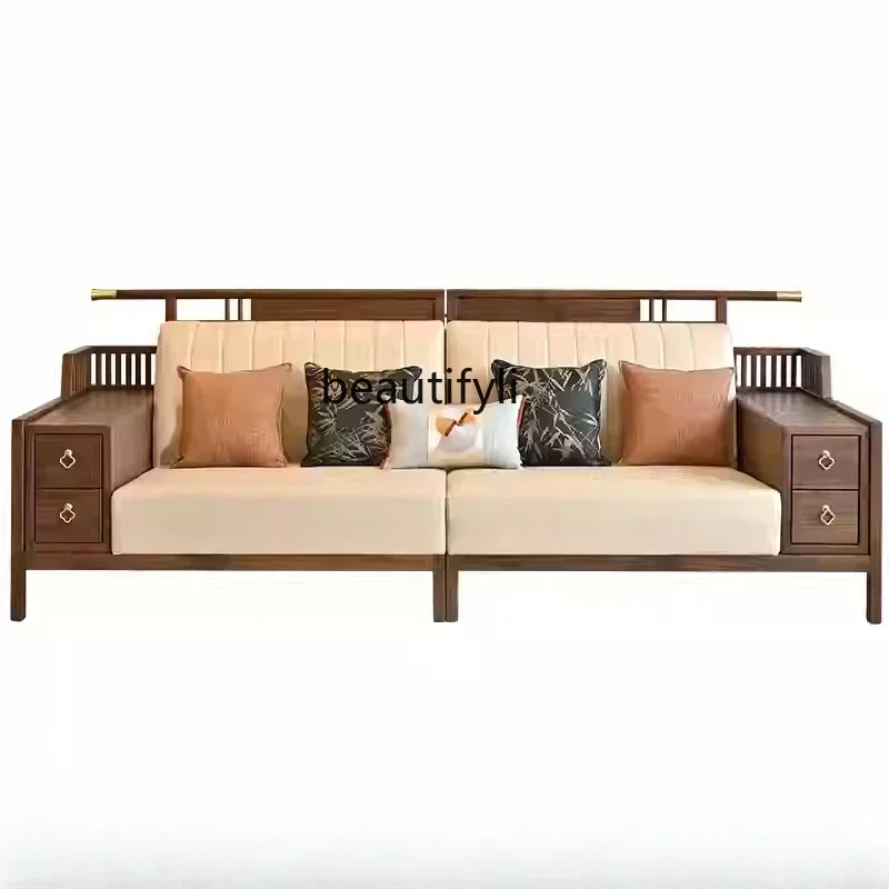 

Q New Chinese-style solid wood sofa North American black walnut modern light luxury leather living room furniture HY