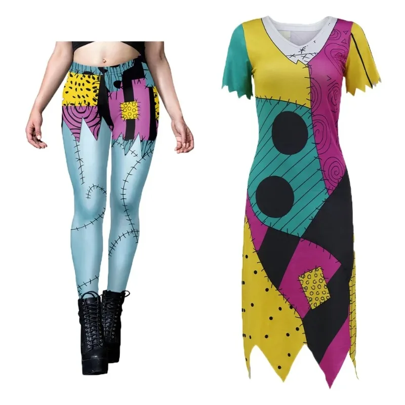 Hallween Cosplay Movie Sally Costume Women Zentai Bodysuits Dress Set Nightmare Christmas Disguise Party Scary Sally Leggings