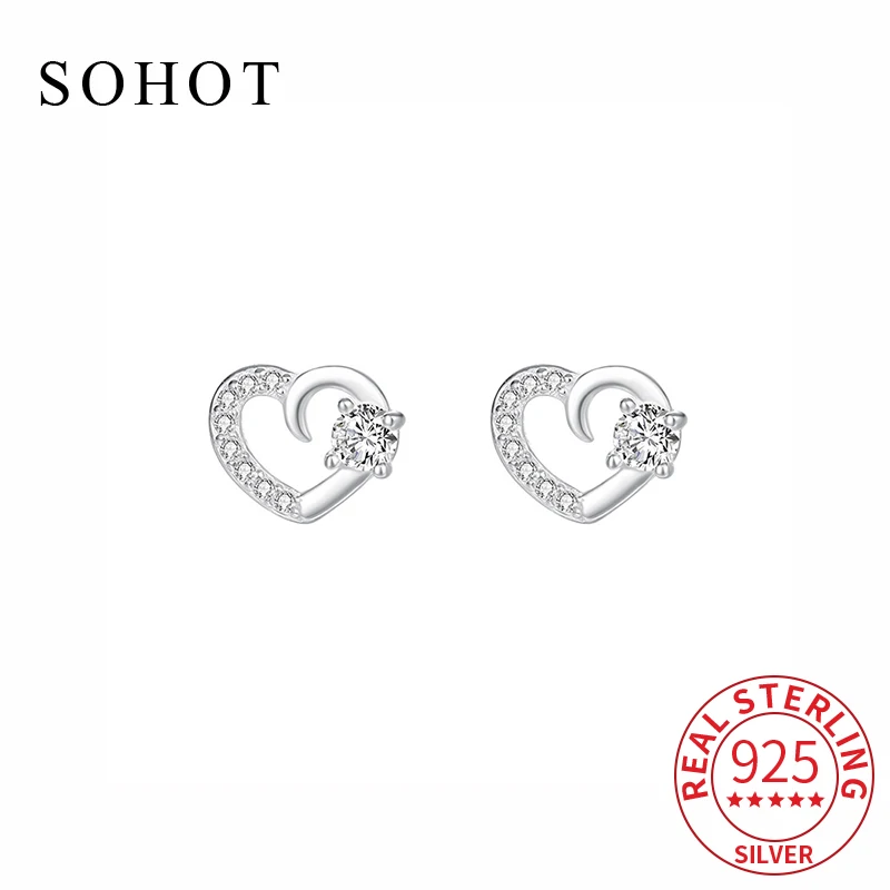 

Real 925 Sterling Silver Minimalist Hollow Heart Zircon Mini Stud Earrings for Women Cute Fine Jewelry Light Luxury Accessories