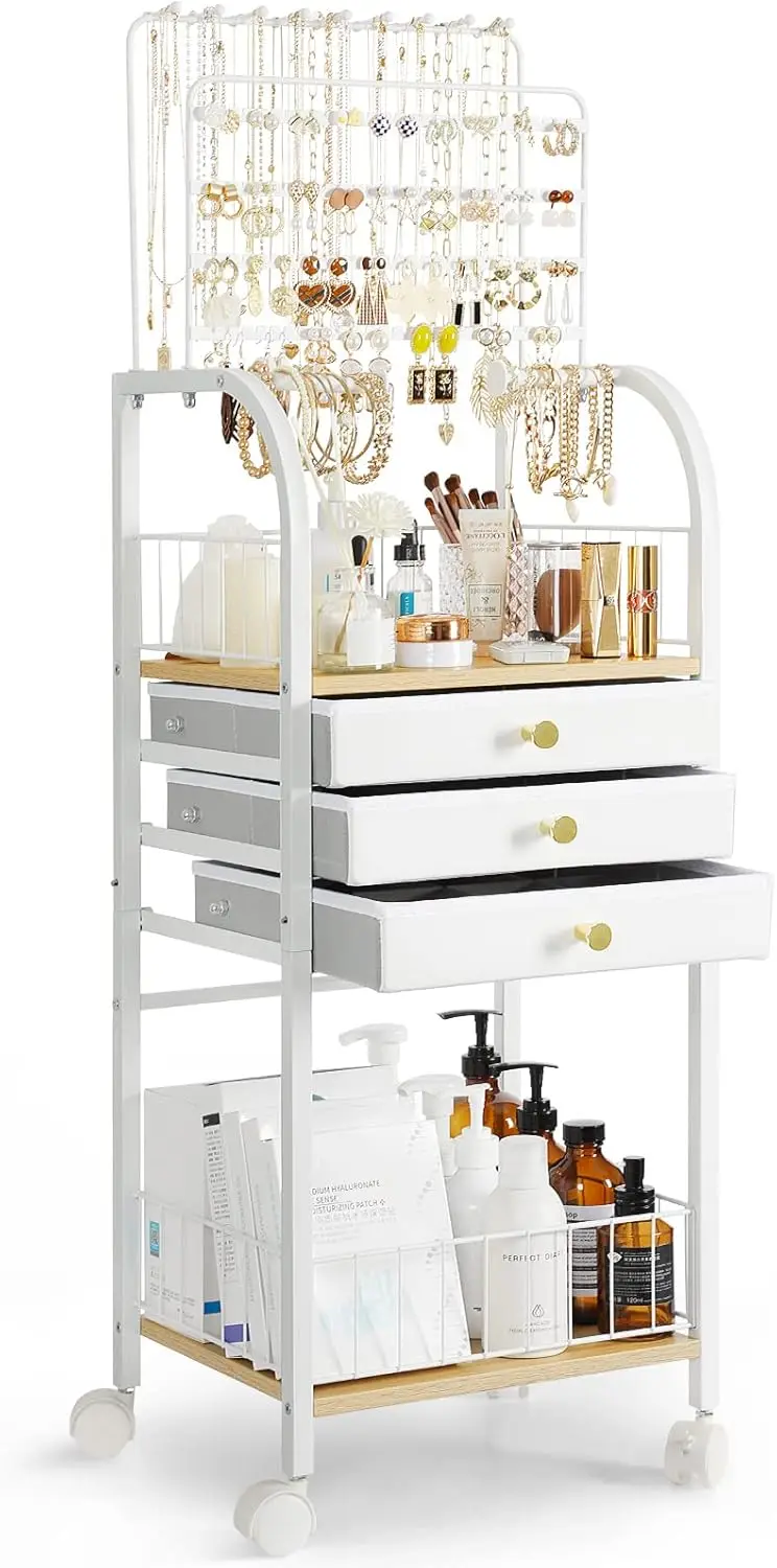 

3-Drawer Jewelry Organizer Stand with Necklace Holder, Earring Rack & Wooden Tower for Rings Bracelets Sunglasses