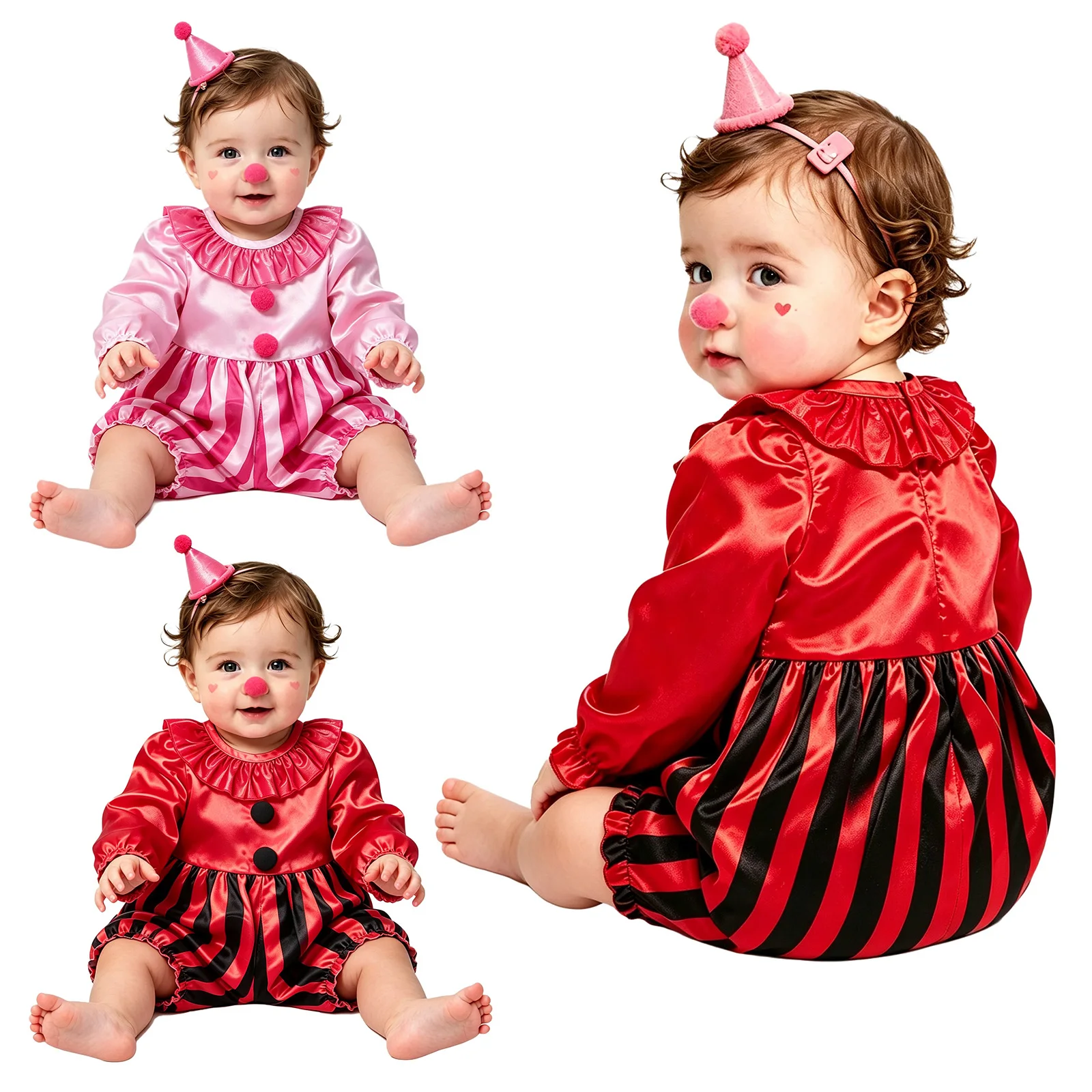 Toddler Baby Halloween Clown Cosplay Costume Ruffled Collar Long Sleeve Pom-pom Striped Romper Carnival Party Joker Jumpsuit