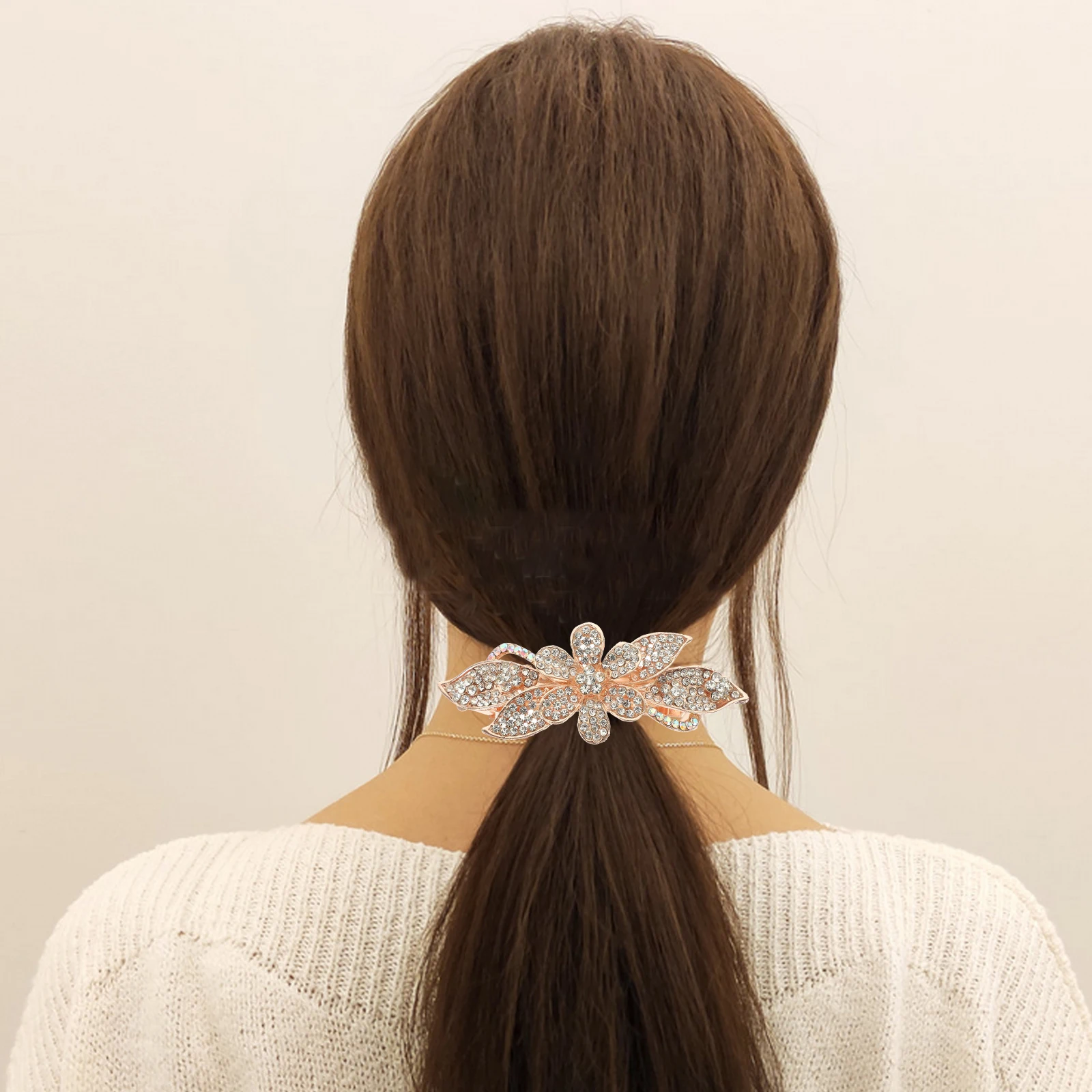 

Rhinestone Hair Clip Pink Large Size Spring Barrette Women Back Head Flower Accessories Thick Hair Styling Elegant Wedding Party