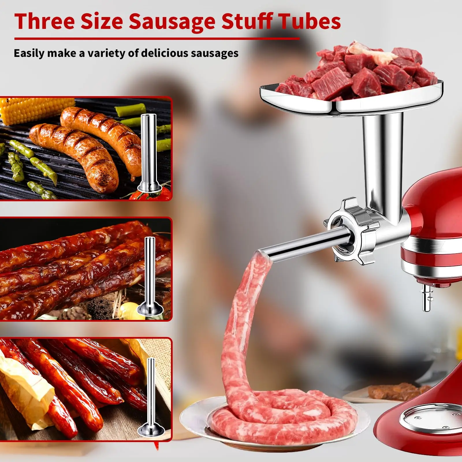 Meat Grinder & Slicer Shredder Attachments for KitchenAid Stand Mixer Metal Food Grinder with Sausage Stuffer Tubes for Kitchen