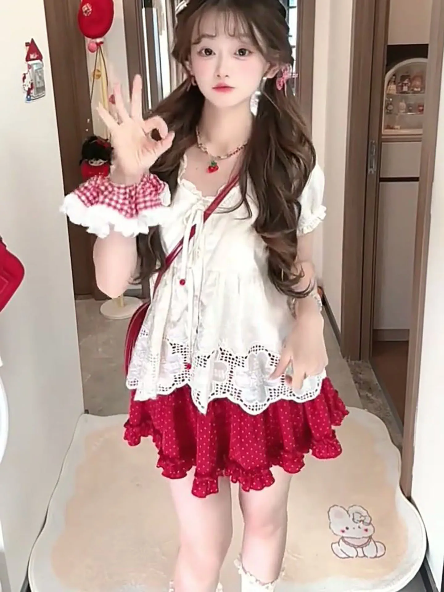 

Red Polka Dot Puffy Short Skirt And Lace Trim Short Sleeve Top Two Piece Set for Petite Sweet Girl Summer Fashion Ensemble