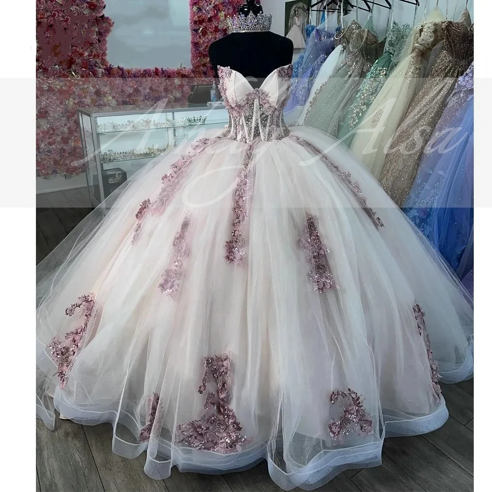 AAQ19 Aangepaste Prinses 14 15 Meisje Verjaardagsfeestje Jurk V-hals Kralen Applique Puffy Vrouwen Prom vestidos de 15 quinceañera