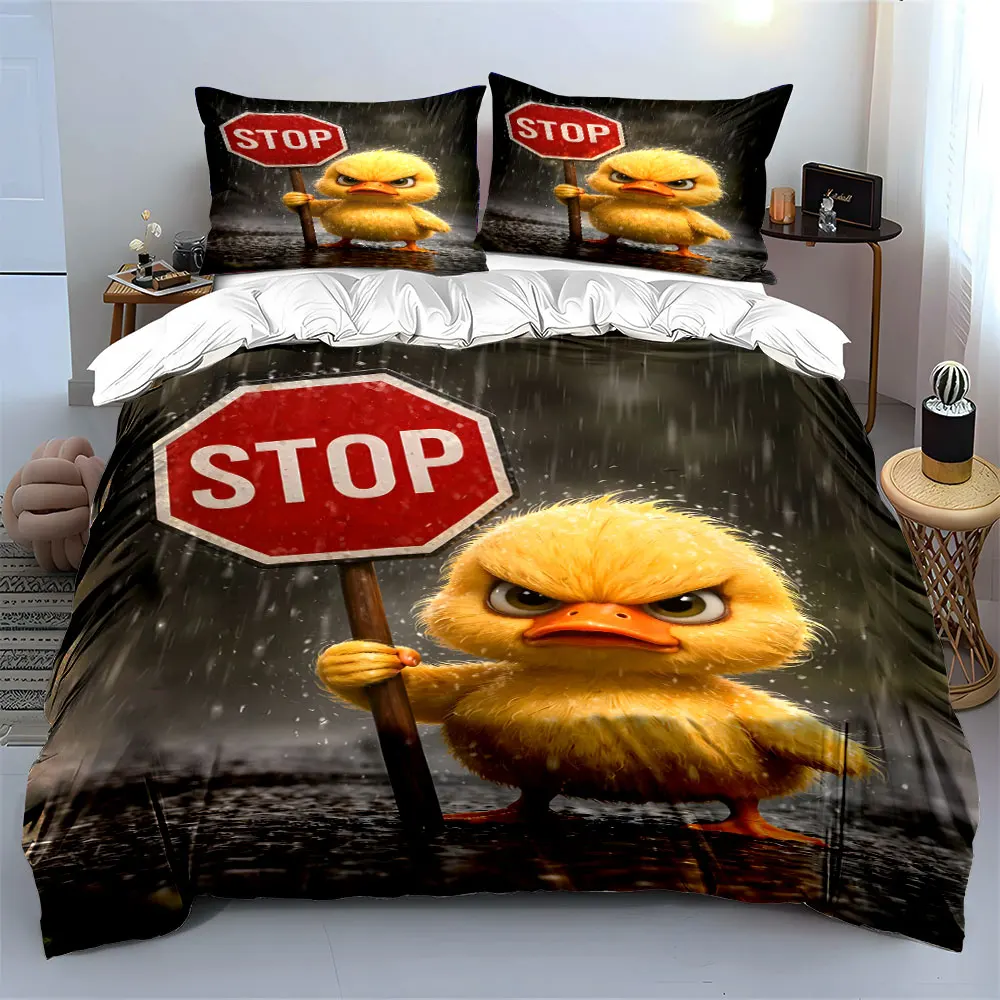 Angry Duck Holding Stop Sign Print Bedding Set 1 Duvet Cover 2 Pillowcases for Adult and Children Luxury Gift Full Size