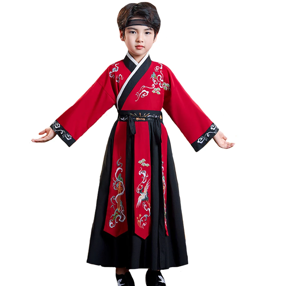 Traje de escenario Hanfu rojo y negro para niños, traje Tang para Halloween, traje tradicional chino antiguo bordado de alta calidad