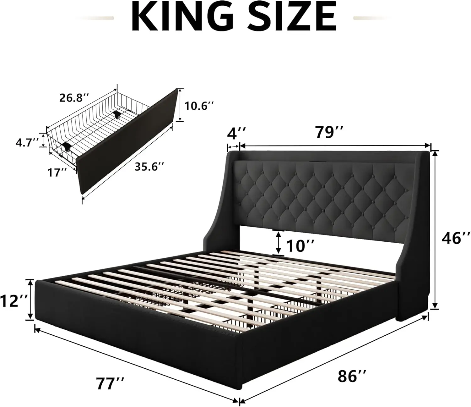 King Bed Frame with 4 Storage Drawers, Upholstered Platform Bed Frame with Type-C & USB Ports, Wingback Storage Headboard, Solid