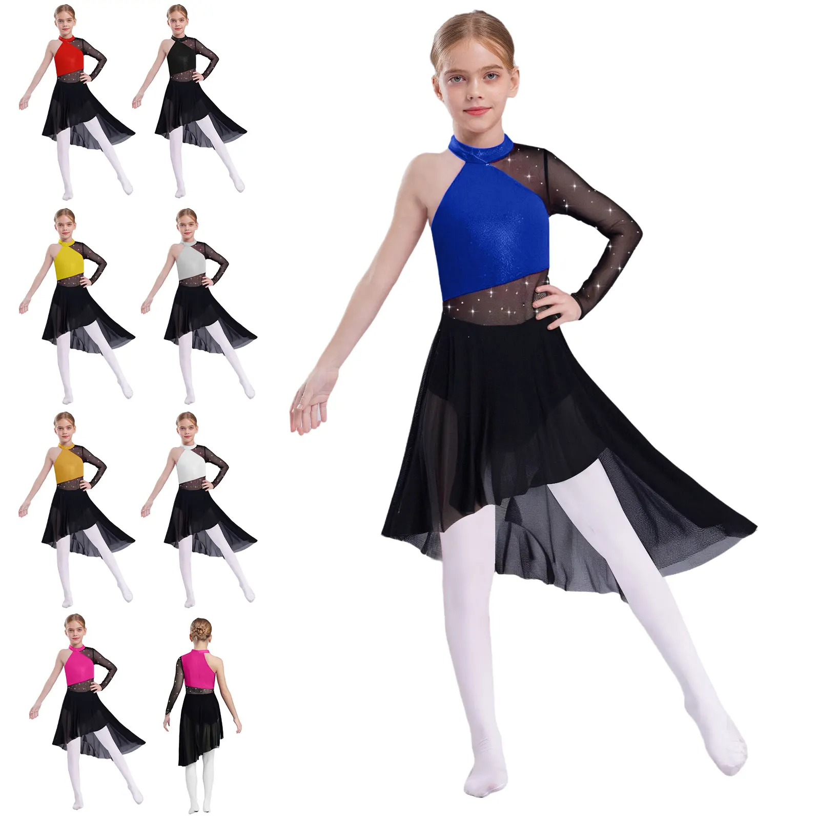 

Girls One Shoulder Asymmetric Dress Lyrical Modern Contemporary Costume Shiny Ballet Leotard Figure Skating Gymnastics Leotard
