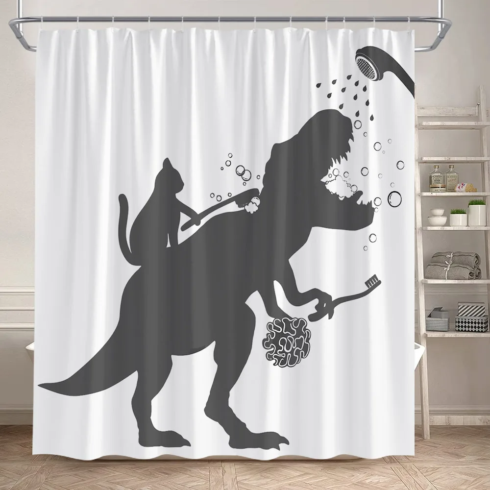 Funny Bathing Dinosaur Shower Curtains Black Cat Animal Silhouette Kids Bath Curtain Modern Polyester Bathroom Decor with Hooks