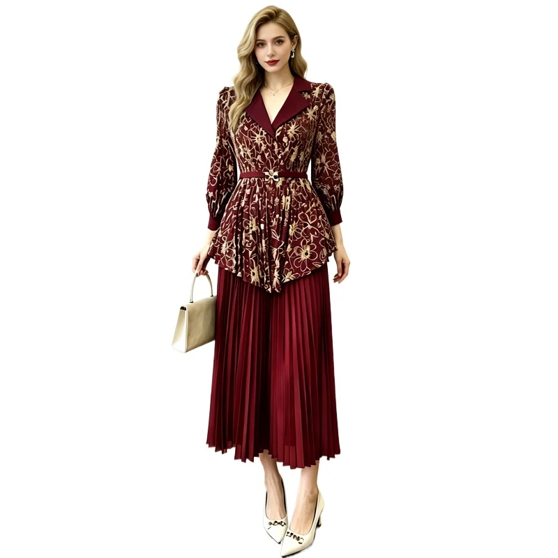 Miyake pleated women's suit 2026 new design loose printed top wide leg pants two-piece set