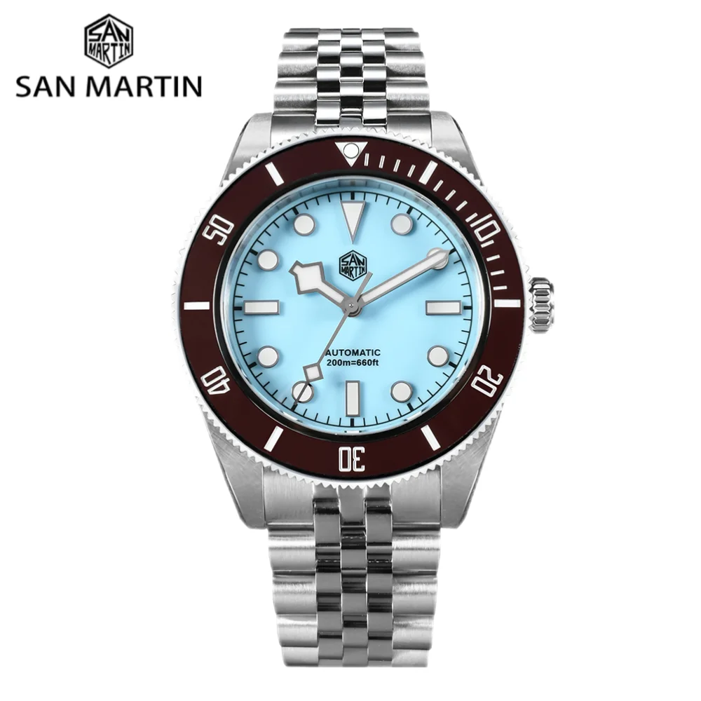 

San Martin 40mm Jubilee NH35 Automatic Watch Men Enamel Blue Dial Brown Bezel Luxury Snowflake BGW-X1 Sapphire Dive SN0128-4