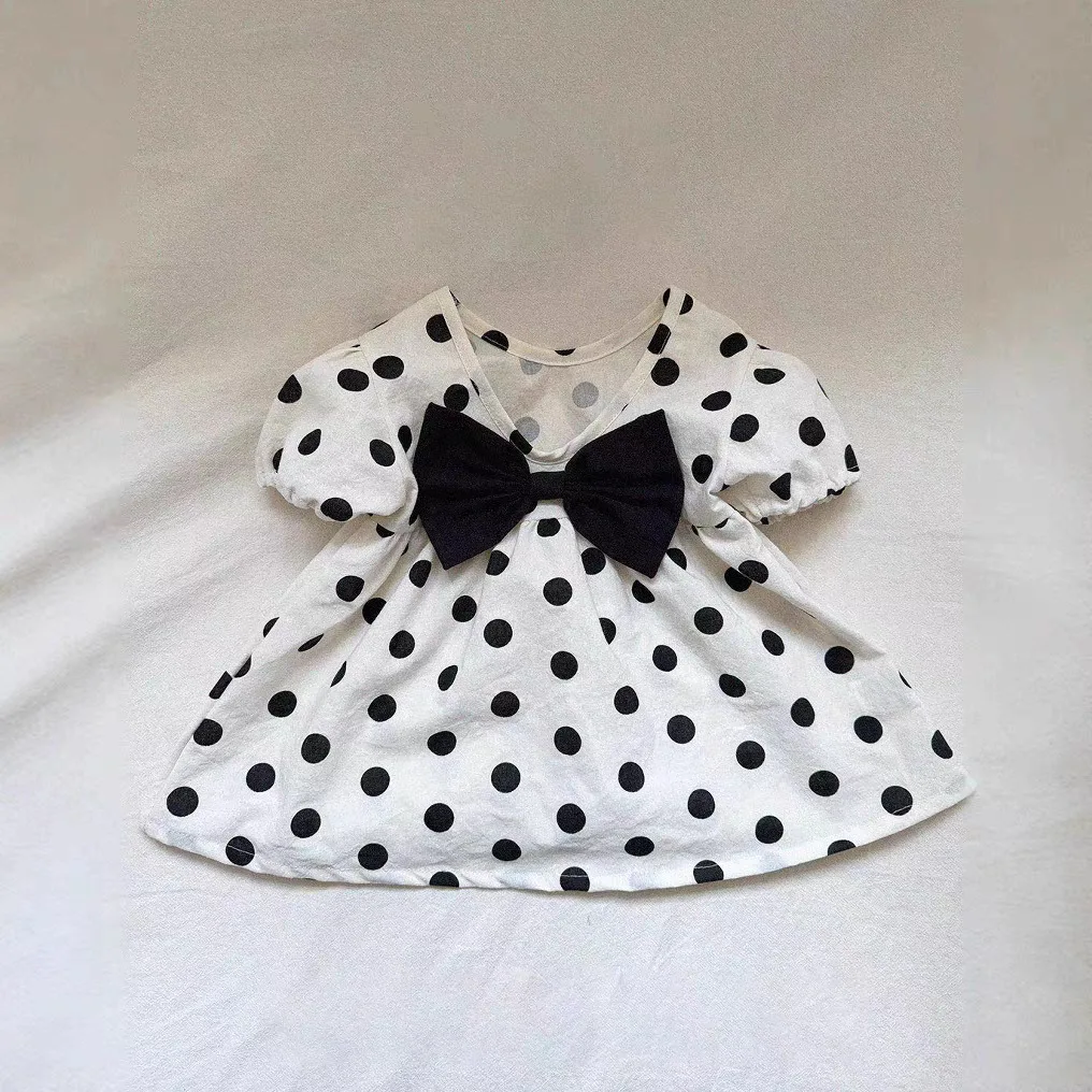 Summer Puff Sleeve A-line Patch Bows Princess Cotton Dresses 1-5Y Children Leisure Outfits Korea Fashion Black Dots Girls Dress