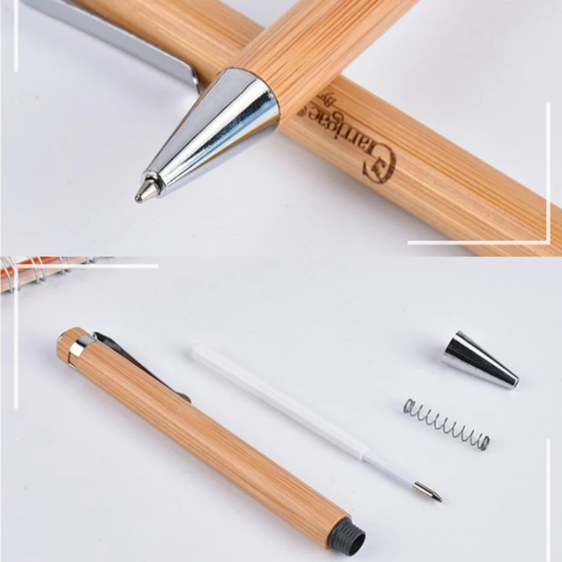 Stylo à bille en bois de bambou, pointe à bille de 1.0mm, encre bleue et noire, signature, papeterie scolaire et de bureau, ensemble de 4 pièces