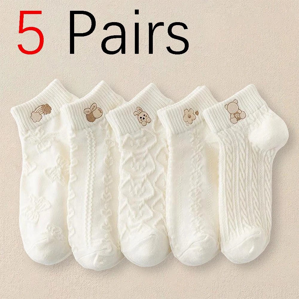 5 Pairs Women Cartoon Patterned Ankle Socks Cute Sweet Versatile Fashionable Socks Comfortable And Skin Friendly Casual Socks