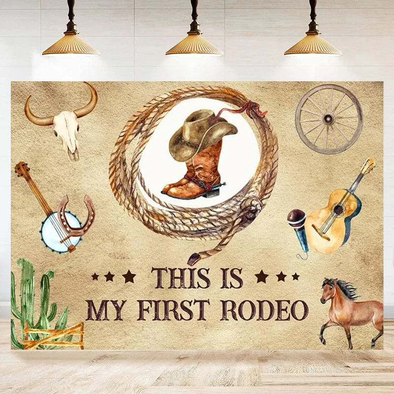 West Cowboy Photography Backdrop Lasso Boots Cactus Brown Birthday This is My First Rodeo Background Party Decoration Banner