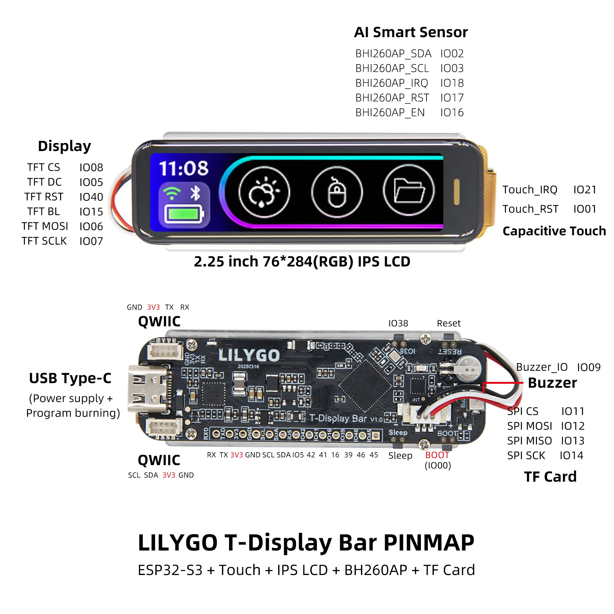 LILYGO T-Display-Bar ESP32-S3 with RGB Screen, BH260AP & TF Card Slot