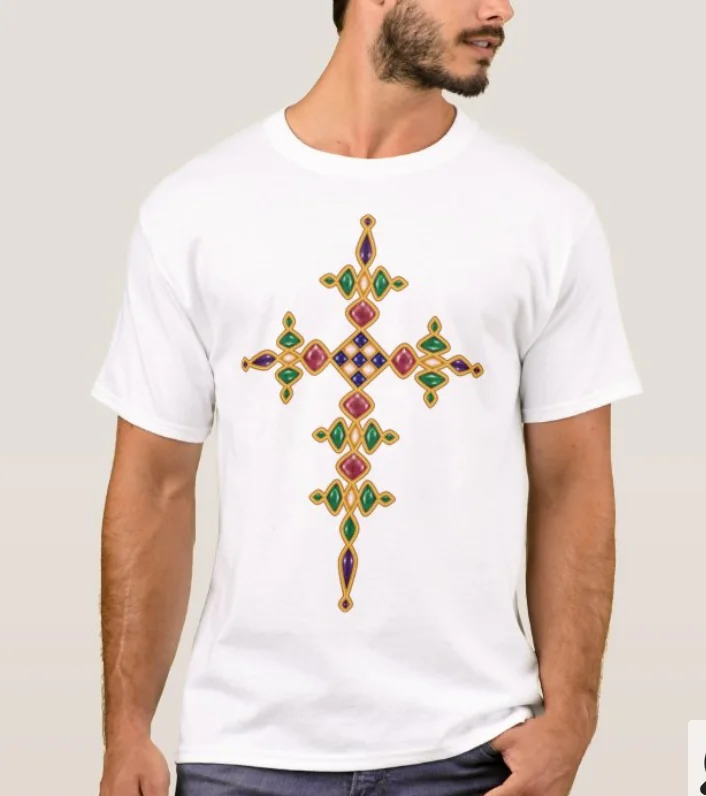 Traditional Ethiopian Jems and Gold Cross T-Shirt. Summer Cotton Short Sleeve O-Neck Mens T Shirt New S-3XL