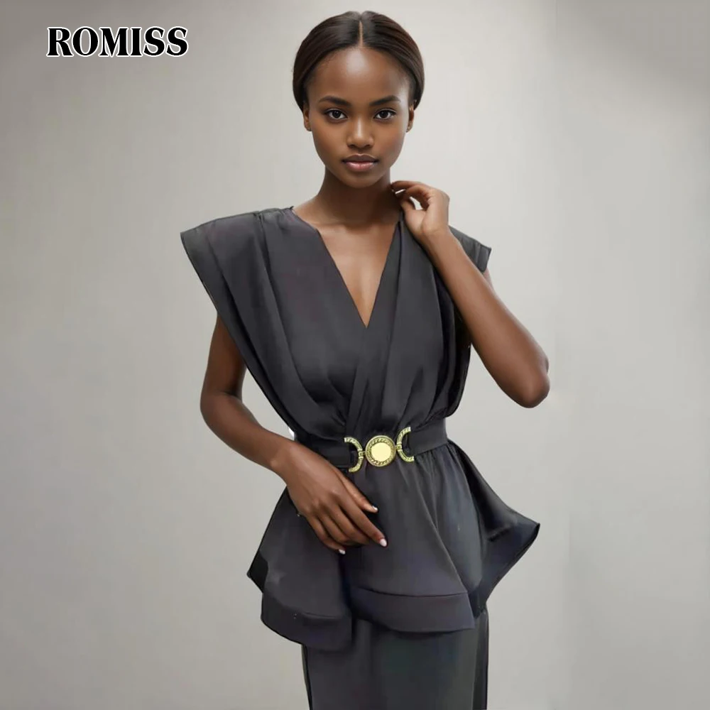 ROMISS Solid Patchwork Belt Slimming Shirts For Women V Neck Sleeveless Spliced Ruffles Temperament Blouse Female Fashion