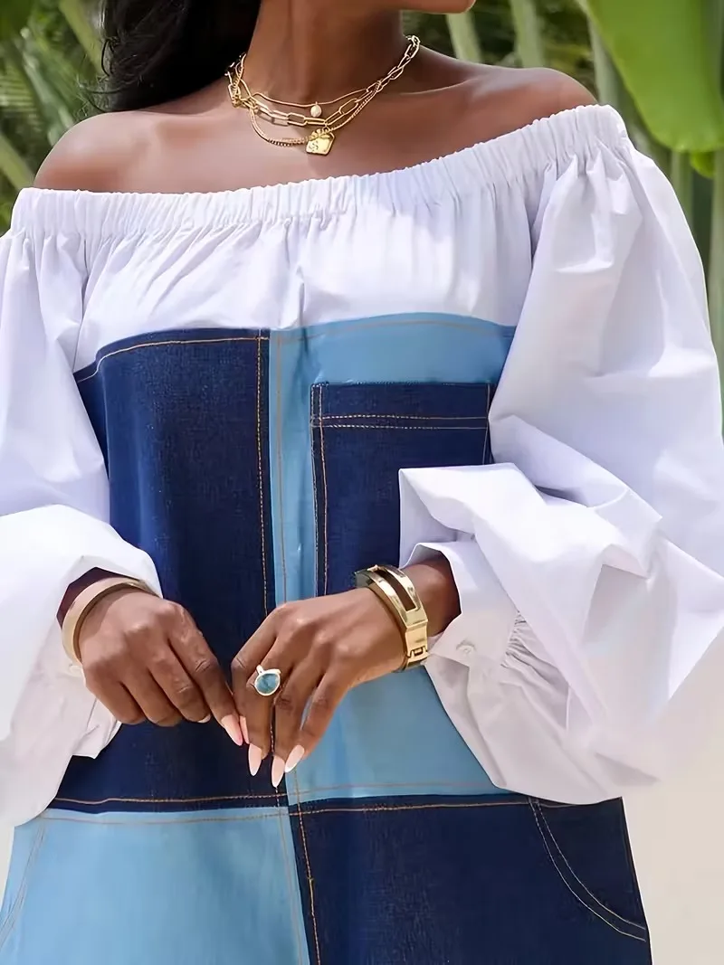 بذلة نسائية فضفاضة للعطلات باللون الأزرق كاجوال ملونة مكشوفة الكتف وأكمام طويلة وجيب