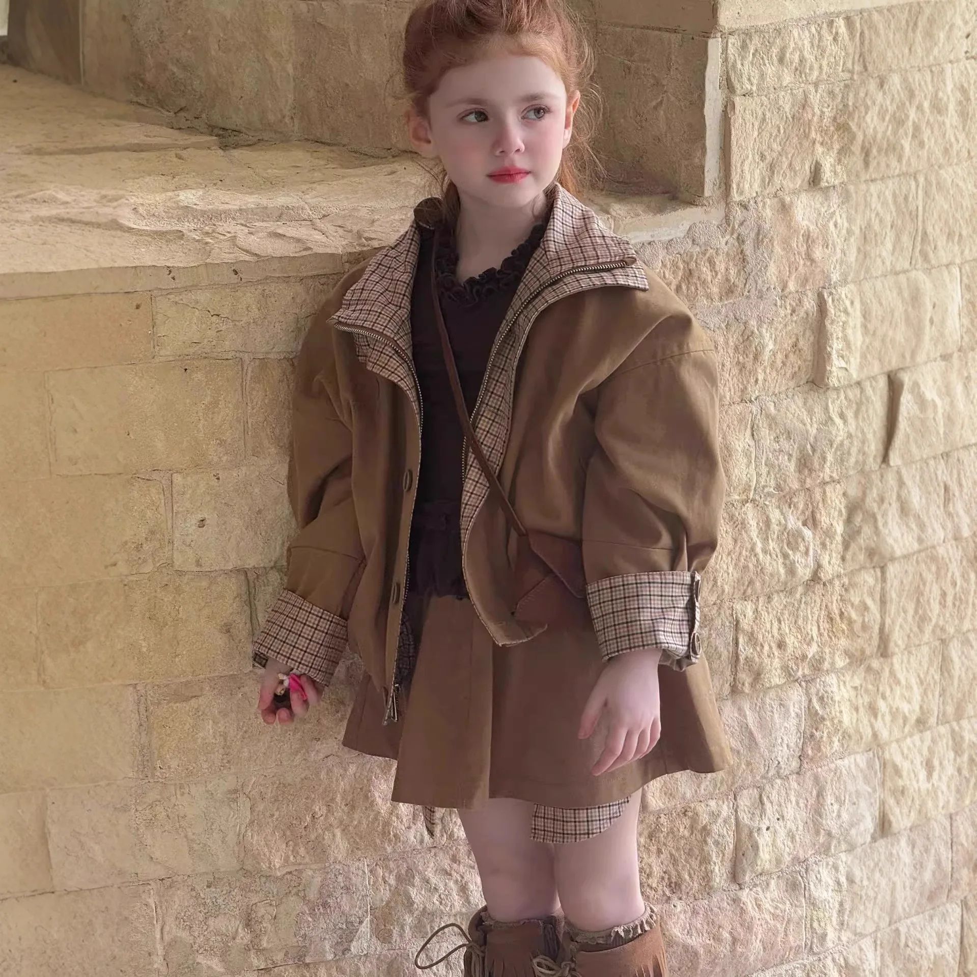 Mother Daughter Children's Set Plaid Patchwork Temperament Jacket Skirt 2026 Spring and Autumn Outfit New