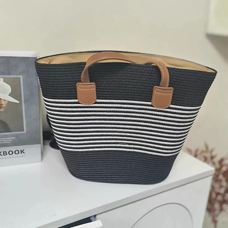 CLAREGQI  Women's Striped Straw Tote Bag, Large Capacity Woven Beach Bag, Casual Shoulder Bag with PU Leather Handles, Summer Tr view 5